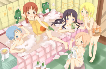 5girls :3 aged_down akemi_homura barefoot bath_toy bathing bathroom bathtub black_hair blonde_hair blue_eyes blue_hair blush bucket charlotte_(madoka_magica) cocoa_(artist) elephant flat_chest frog highres ichigo_mashimaro kaname_madoka kyubey long_hair mahou_shoujo_madoka_magica mahou_shoujo_madoka_magica_(anime) miki_sayaka multiple_girls naked_towel nude one_eye_closed parody pink_eyes pink_hair purple_eyes red_eyes red_hair rubber_duck sakura_kyoko shii_(cocoa) short_hair soap soap_bubbles style_parody tiles toes tomoe_mami towel water_gun wink yellow_eyes