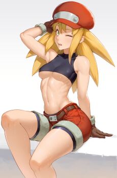 1girl bike_shorts bike_shorts_under_shorts blonde_hair breasts brown_gloves newsboy_cap capcom cheshirrr gloves green_eyes hat highres leather_belt looking_at_viewer medium_breasts mega_man_(series) mega_man_legends_(series) navel one_eye_closed open_mouth red_hat red_shorts roll_caskett_(mega_man) shorts simple_background sitting solo spandex sweat underboob