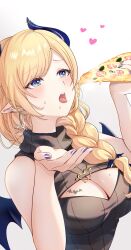 Rule 34 | absurdres, bare shoulders, blonde hair, blue eyes, blush, braid, breasts, cleavage, cleavage cutout, clothing cutout, demon girl, demon horns, demon wings, dress, eating, food, heart, highres, holding, holding food, holding pizza, hololive, horns, kudoukudokudo, large breasts, looking up, pizza, pointy ears, simple background, sleeveless, sleeveless dress, sleeveless sweater, sweater, sweater dress, tongue, tongue out, upper body, white background, wings, yuzuki choco, yuzuki choco (streetwear)