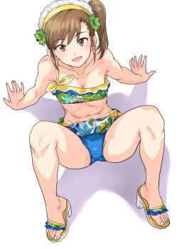 Rule 34 | 1girl, arm support, bikini, breasts, brown hair, cleavage, clover, clover hair ornament, feet, four-leaf clover, four-leaf clover hair ornament, from above, full body, futami mami, hair ornament, hairband, high heel sandals, highres, idolmaster, idolmaster (classic), idolmaster stella stage, navel, sandals, short hair, siblings, side ponytail, simple background, sitting, small breasts, smile, solo, spread legs, swimsuit, toenails, toes, tropical swimmer (idolmaster), tsurui, twins, v, white background