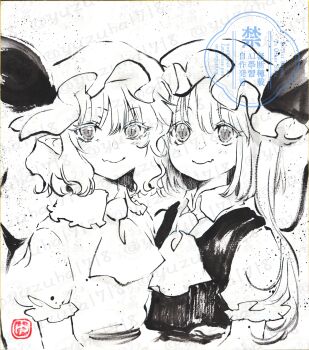 2girls absurdres ascot bat_wings closed_mouth collared_shirt commentary english_commentary flandre_scarlet frilled_shirt_collar frills greyscale hat hat_ribbon highres long_hair mob_cap monochrome multiple_girls one_side_up puffy_short_sleeves puffy_sleeves remilia_scarlet ribbon shikishi shirt short_sleeves siblings sisters smile sumi-e touhou traditional_media upper_body vest watermark wings yuzuha_(yuzutime)