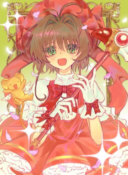 1girl antenna_hair beret bow bowtie brown_hair cardcaptor_sakura chinese_commentary circle_skirt collared_shirt colored_eyelashes commentary_request cowboy_shot damie_404 dot_nose dress ferret frilled_dress frilled_shirt_collar frilled_sleeves frills gloves gradient_background green_background green_eyes hair_intakes happy hat hat_bow highres holding holding_wand kero_(cardcaptor_sakura) kinomoto_sakura kinomoto_sakura_(magician) light_blush looking_at_viewer magical_girl open_mouth outside_border petals petticoat picture_frame pinafore_dress pink_bow pink_dress pink_hat pleated_dress procreate_(medium) puffy_short_sleeves puffy_sleeves red_bow red_bowtie shirt short_hair_with_long_locks short_sleeves sidelocks sleeve_bow sleeveless sleeveless_dress smile sparkle standing straight-on two-tone_background wand white_background white_bow white_gloves white_shirt winged_animal wrist_bow