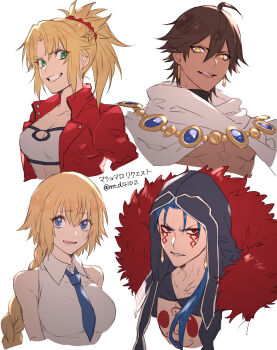 2boys 2girls absurdres ahoge alternate_breast_size_(larger) black_hood blonde_hair blue_eyes blue_hair blue_necktie braid breasts brown_hair cape cleavage commentary_request crown_braid cu_chulainn_(fate) cu_chulainn_alter_(fate) earrings eyeliner facial_mark fate/grand_order fate_(series) fur_trim green_eyes grin highres jacket jeanne_d&#039;arc_(fate) jeanne_d&#039;arc_(girl_from_orleans)_(fate) jewelry large_breasts makeup medium_breasts mordred_(fate) mordred_(memories_at_trifas)_(fate) multiple_boys multiple_girls necktie open_mouth orange_eyes ozymandias_(fate) ozymandias_(third_ascension)_(fate) ponytail red_eyeliner red_eyes red_jacket shirt single_braid sleeveless sleeveless_shirt smile tofu_(bean359) translation_request twitter_username v-shaped_eyebrows white_cape