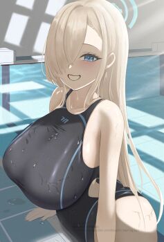 1girl absurdres ass asuna_(blue_archive) black_one-piece_swimsuit blonde_hair blue_archive blue_eyes blue_halo breasts competition_swimsuit cowboy_shot grin hair_over_one_eye halo highres large_breasts long_hair one-piece_swimsuit pool poolside smile solo swimsuit watermark yamanashi-nant