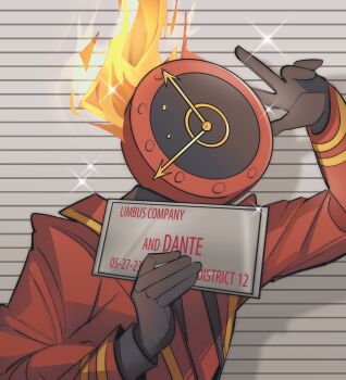 1other barbie_mugshot_(meme) black_shirt collared_shirt commentary dante_(limbus_company) english_commentary formal_clothes fuw_omu hand_up highres limbus_company looking_at_viewer meme mugshot name_tag necktie object_head project_moon red_necktie red_suit shirt sparkle suit upper_body