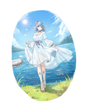 Rule 34 | 1girl, absurdres, bead necklace, beads, blue choker, blue eyes, blue hair, breasts, choker, closers, day, dress, flower, full body, hair flower, hair ornament, highres, jewelry, large breasts, long legs, long sleeves, looking at viewer, necklace, ocean, official art, open mouth, outdoors, sandals, short hair, solo, standing, sundress, violet (closers), white dress