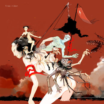2girls 5others bent_over black_hair bug extra_arms flag giant giantess monster multiple_girls multiple_others nude original raiu red_background riding_person snake spider traditional_youkai