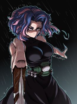 1girl absurdres aiming angry arm_cannon armpits bare_shoulders belt belted_dress between_fingers black_dress blue_hair boku_no_hero_academia breasts bullet collarbone dress eyelashes female_focus fingernails gun highres holding holding_bullet lady_nagant large_breasts looking_afar lord_guyis medium_hair multicolored_hair neck night outdoors outstretched_arms parted_bangs pink_eyes pink_hair rain rifle sidelocks signature sky sleeveless sleeveless_dress sniper sniper_rifle spread_arms standing turtleneck turtleneck_dress two-tone_hair utility_belt v-shaped_eyebrows water_drop weapon wet wet_hair