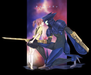 Rule 34 | 1boy, 1girl, android, arm blade, arm cannon, armor, asagi marin, black skirt, blue skin, brainpie, brigadoon, brown hair, colored skin, copyright name, glasses, kneehighs, melan blue, ponytail, red eyes, shirt, short ponytail, skirt, socks, standing, tiptoes, weapon, white socks, yellow shirt