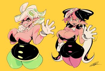 2girls black_hair breasts callie_(splatoon) cleavage cousins dress earrings georgewithas gloves highres huge_breasts jewelry jumpsuit long_hair marie_(splatoon) multiple_girls nintendo pointy_ears salute short_hair splatoon_(series) tentacle_hair white_hair wide_hips yellow_background yellow_eyes