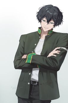 1boy belt black_belt black_hair crossed_arms green_jacket highres jacket long_sleeves male_focus open_clothes open_jacket school_uniform shirt short_hair smile solo soru_2023 white_background white_shirt wind_breaker_(nii_satoru) yamato_endo
