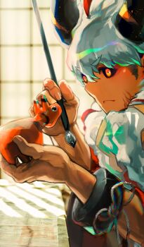 1boy asterios_(fate) asterios_(over_the_same_sky)_(fate) beard black_horns black_sclera close-up closed_mouth colored_sclera commentary_request cow_boy dark-skinned_male dark_skin facial_hair fate/grand_order fate_(series) game_cg hair_between_eyes holding holding_paintbrush horns indoors japanese_clothes kimono male_focus multiple_scars muscular muscular_male official_art orange_eyes paintbrush photo_background scar scar_on_chin scar_on_face sculpture shimadoriru solo third-party_source v-shaped_eyebrows white_facial_hair white_hair