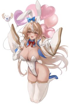 1girl :d adapted_costume animal_ear_hairband animal_ears balloon blonde_hair blue_shoes bow bowtie breasts cleavage commentary_request covered_navel dark-skinned_female dark_skin detached_collar detached_sleeves elf elfriend_(shiranui_flare) fake_animal_ears full_body gloves hairband hand_up heart_balloon high_heels high_ponytail highleg highleg_leotard highres hololive large_breasts leotard long_hair looking_at_viewer maison_de_cante multicolored_hair open_mouth outstretched_arm playboy_bunny pointy_ears ponytail rabbit_ear_hairband rabbit_ears reaching reaching_towards_viewer red_bow red_bowtie shiranui_flare shiranui_flare_(1st_costume) shoes sidelocks simple_background skindentation smile solo strapless strapless_leotard streaked_hair teeth thighhighs upper_teeth_only virtual_youtuber white_background white_gloves white_leotard white_sleeves white_streaks white_thighhighs wide_sleeves