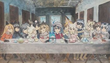 Rule 34 | 10s, 6+girls, acrylic paint (medium), alpaca ears, alpaca suri (kemono friends), amusement park, animal ears, animal hands, animal print, antlers, aurochs (kemono friends), backpack, bag, bird wings, black gloves, black hair, blonde hair, bucket hat, cat ears, claws, common raccoon (kemono friends), curry, elbow gloves, eurasian eagle owl (kemono friends), ezo red fox (kemono friends), fennec (kemono friends), ferris wheel, fine art parody, food, fox ears, glasses, gloves, hair between eyes, hair over one eye, hat, hat feather, head wings, highres, horns, japari bun, kaban (kemono friends), kemono friends, lion (kemono friends), lion ears, long table, lucky beast (kemono friends), margay (kemono friends), moose ears, multiple girls, northern white-faced owl (kemono friends), open mouth, painting (medium), parody, plate, raccoon ears, red shirt, roller coaster, serval (kemono friends), serval tail, shirt, shoebill (kemono friends), short hair, shorts, silver fox (kemono friends), smile, spoon, table, tail, talons, the last supper, traditional media, una (punamonia), wavy hair, wings
