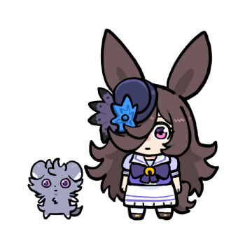 1girl animal_ears blue_flower blue_hat blue_rose bow bowtie brown_hair closed_mouth crossover espurr fascinator flipped_hair flower gen_6_pokemon grey_fur hair_over_one_eye hat hat_flower highres horse_ears horse_girl horse_tail large_ears long_hair looking_at_viewer pikminpreggedup pokemon pokemon_(creature) puffy_short_sleeves puffy_sleeves purple_bow purple_bowtie purple_eyes purple_shirt rice_shower_(umamusume) rose sailor_collar school_uniform shirt short_sleeves simple_background skirt tail tilted_headwear tracen_school_uniform umamusume white_background white_sailor_collar white_skirt