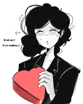 1girl black_hair blush breasts closed_eyes curly_hair embarrassed female female_focus formal_clothes greyscale heart highres imscared jacket monochrome open_mouth restorer_(imscared) skinny small_breasts suit suit_jacket sweat text_background tobby valentine white_background