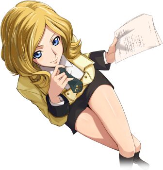 1girl artist_request black_shoes black_skirt black_socks blonde_hair blue_eyes breasts buttons closed_mouth code_geass code_geass:_lost_stories collared_shirt crossed_legs double-breasted female_focus from_above game_cg green_necktie hand_on_own_chin hands_up happy holding holding_paper invisible_chair jacket kneehighs layered_sleeves long_sleeves looking_at_viewer looking_up medium_breasts medium_hair milly_ashford miniskirt necktie non-web_source official_art paper pencil_skirt school_uniform shiny_skin shirt shoes sidelocks simple_background sitting skirt smile socks solo stroking_own_chin thighs transparent_background v-shaped_eyebrows white_shirt yellow_jacket