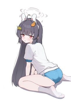 1girl absurdres ahoge alternate_costume animal_ears arms_between_legs black_hair blue_archive blue_buruma blush bright_pupils buruma chinese_commentary commentary_request fake_animal_ears from_side grey_halo halo highres leaf leaf_on_head long_hair looking_at_viewer miyu_(blue_archive) parted_lips rabbit_ears red_eyes shirt short_sleeves simple_background sitting socks solo turning_head wariza white_background white_pupils white_shirt white_socks xingyun_fankic
