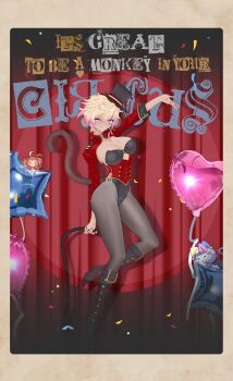 1girl absurdres ahoge alternate_costume animal_ears axel_(koko_d._nuts) balloon black_boots black_hat blonde_hair boots border breasts cleavage closed_mouth commentary confetti curtains dark-skinned_female dark_skin english_commentary english_text eyelashes fang full_body grey_pantyhose hat heart_balloon high_heel_boots high_heels highres holding holding_whip indie_virtual_youtuber jester_cap koko_d._nuts leotard long_sleeves mole mole_on_breast monkey monkey_ears monkey_girl monkey_tail mrcs_404 multicolored_eyes one_eye_closed open_mouth pantyhose scar scar_across_eye scar_on_face second-party_source short_hair skin_fang solo_focus split_mouth standing standing_on_one_leg star_balloon tail top_hat virtual_youtuber whip