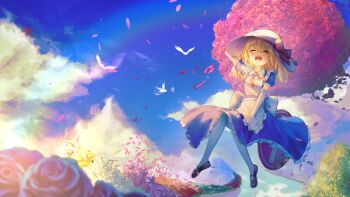 1girl absurdres apron bird blonde_hair blue_dress blue_sky dress elbow_gloves flower frilled_dress frilled_sleeves frills gloves hand_on_headwear happy hat hat_ribbon highres kana_anaberal mary_janes necktie one_eye_closed open_mouth outdoors pantyhose petals puffy_short_sleeves puffy_sleeves red_necktie red_ribbon red_shoes ribbon road_sign shoes short_sleeves sign sky solar_torch solo stop_sign touhou touhou_(pc-98) white_apron white_gloves white_hat white_pantyhose yellow_eyes