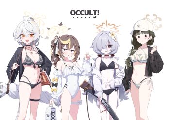 4girls absurdres ahoge antique_firearm bag bare_legs bare_shoulders belt bikini black_belt black_bikini black_bow black_choker black_hat black_jacket black_ribbon blonde_streaks blue_archive blunderbuss blunt_bangs bolt_action book bow braid breasts brown_hair brown_halo carcano choker cleavage cleavage_cutout closed_eyes closed_mouth closed_umbrella clothing_cutout collarbone covered_navel criss-cross_halter crossed_bangs detached_sleeves dong_ji eri_(blue_archive) eyeball_hair_ornament firearm firelock flintlock fluffy_hair frilled_one-piece_swimsuit frills front-tie_bikini_top front-tie_top full_body green_hair grey_hair gun hair_between_eyes hair_bow hair_over_one_eye hair_ribbon halo halterneck hand_on_own_hip hand_up hat highres holding holding_bag holding_book holding_weapon jacket jewelry kanoe_(blue_archive) large_breasts layered_bikini long_hair long_sleeves looking_at_viewer multi-strapped_bikini_bottom multicolored_hair multiple_expressions multiple_girls multiple_hair_bows multiple_views navel necklace o_o occult_studies_club_(blue_archive) one-piece_swimsuit one_eye_covered open_clothes open_jacket open_mouth orange_eyes parted_lips platform_sandals ponytail print_bikini print_jacket purple_eyes reference_sheet rena_(blue_archive) ribbon rifle sandals shirt side_halo simple_background single_braid slide small_breasts smile solo standing stomach streaked_hair string_bikini swimsuit thigh_strap thighs tilted_halo tsumugi_(blue_archive) twintails two-tone_hair umbrella very_long_hair weapon white_background white_bag white_bikini white_bow white_hair white_hat white_one-piece_swimsuit white_ribbon white_shirt white_sleeves witch_hat yellow_bow yellow_halo