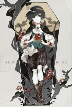 1boy 81kaia ascot baggy_shorts bishounen black_cape black_hair blue_eyes boots brown_boots brown_shorts cape child coffin flower food frilled_shirt_collar frills fruit full_body gem german_text gold_tiara green_vest grey_background holding holding_food holding_fruit knee_boots knees lace-up_boots looking_at_viewer male_focus mushroom mystical_high_collar original parted_lips red_flower red_gemstone red_rose rose short_hair shorts sidelocks solo straight-on striped_clothes striped_shorts swept_bangs teeth thorns three-quarter_sleeves tree two-sided_cape two-sided_fabric vampire vertical-striped_clothes vertical-striped_shorts vest walking white_ascot