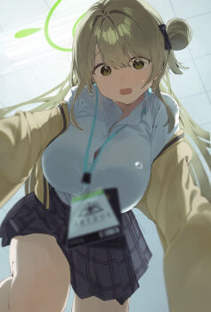1girl absurdres blue_archive breasts brown_hair cardigan commentary_request green_eyes green_halo grey_skirt halo higa_(gominami) highres id_card indoors lanyard large_breasts long_hair looking_at_viewer nonomi_(blue_archive) open_mouth plaid_clothes plaid_skirt pleated_skirt shirt skirt solo sweat white_shirt yellow_cardigan