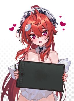 Rule 34 | 1girl, :d, convenient censoring, dango remi, drawing tablet, fangs, female focus, hair ornament, heart, heart-shaped pupils, holding, holding drawing tablet, long hair, looking at viewer, maid headdress, open mouth, original, ponytail, purple eyes, red hair, red nails, smile, standing, symbol-shaped pupils, tagme, upper body, white background