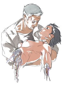 1boy 1girl aizheajsee artificial_eye batou_(gits) black_hair blue_eyes cropped_torso cyborg ghost_in_the_shell highres kusanagi_motoko looking_at_another nipples severed_torso white_background white_hair