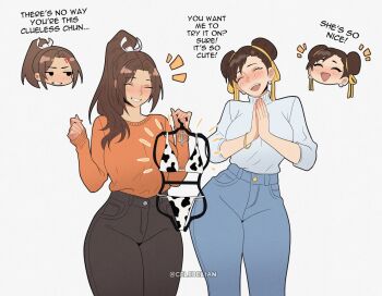 2girls black_hair blush breasts brown_eyes brown_hair capcom celebelian chun-li closed_eyes clueless couple crossover english_text fatal_fury holding_hands interlocked_fingers large_breasts legs_together long_hair looking_at_another multiple_girls open_mouth pants parted_bangs shiranui_mai shirt side-by-side simple_background smile street_fighter thighs white_background yuri