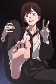 1girl absurdres barefoot black_jacket black_necktie black_pants breasts bright_pupils brown_eyes brown_hair chainsaw_man collarbone collared_shirt embarrassed esmile feet foot_focus foreshortening higashiyama_kobeni highres jacket knee_up looking_at_viewer multiple_moles necktie open_mouth pants partially_unbuttoned presenting_foot shirt simple_background single_sidelock sitting small_breasts soles solo toenails toes v white_pupils white_shirt