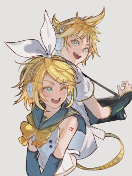 1boy 1girl arm_tattoo blonde_hair blush bow brother_and_sister commentary_request cropped_torso green_eyes grey_background hair_bow hair_ornament hairclip headphones highres kagamine_len kagamine_rin number_tattoo one_eye_closed open_mouth sailor_collar sailor_shirt shirt short_hair siblings simple_background tattoo teeth upper_teeth_only ve_0ekaki vocaloid white_bow