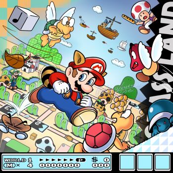 Rule 34 | :o, ? block, aircraft, airship, animal ears, black facial hair, blue eyes, blue hair, blue overalls, blue sky, brown hair, brown shoes, buzzy beetle, cannon, cannonball, castle, closed eyes, closed mouth, cloud, commentary request, dated, day, dollar sign, english text, facial hair, fangs, flying, gloves, goomba, green hat, green shirt, hat, highres, holding, holding wand, koopa paratroopa, koopa troopa, larry koopa, leaf, long sleeves, luigi, mario, mario (series), mismatched facial hair, motion lines, multiple boys, musical note, mustache, nintendo, note block (mario), open clothes, open mouth, open vest, outdoors, overalls, paragoomba, propeller, purple vest, quarter note, raccoon ears, raccoon mario, raccoon tail, red hat, red shirt, red toad (mario), sail, shirt, shoes, short hair, signature, sky, super leaf, super mario bros. 3, tail, toad (mario), v-shaped eyebrows, vest, wand, water, white gloves, wings, wissu type