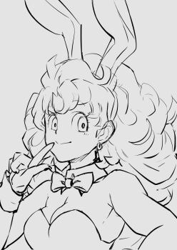Rule 34 | animal ears, bare shoulders, bokkori, bow, bowtie, breasts, cleavage, closed mouth, commentary request, detached collar, dragon quest, dragon quest iii, gadabout (dq3), grey background, greyscale, hand up, long hair, medium breasts, monochrome, playboy bunny, rabbit ears, smile, split mouth, upper body, wrist cuffs