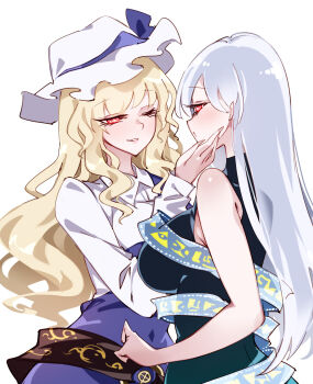 Rule 34 | 2girls, belt, black dress, blonde hair, blue ribbon, breasts, brown belt, collared shirt, commentary request, dress, fossilized wonders, hand on another's cheek, hand on another's face, hat, hat ribbon, highres, large breasts, long hair, long sleeves, looking at another, mob cap, multiple girls, one eye closed, purple dress, raptor7, red eyes, ribbon, ribbon around body, shirt, simple background, single-shoulder dress, sleeveless, sleeveless dress, touhou, upper body, very long hair, watatsuki no toyohime, white background, white hair, white hat, white shirt, yuiman asama