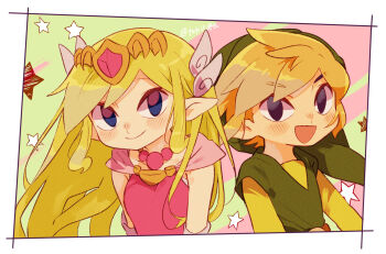 1boy 1girl artist_name blonde_hair closed_mouth commentary_request dress gloves green_hat green_tunic hat highres light_blush link long_hair nintendo open_mouth pink_dress pointy_ears princess_zelda short_hair smile star_(symbol) the_legend_of_zelda the_legend_of_zelda:_the_wind_waker tiara tokuura toon_link toon_zelda tunic twitter_username