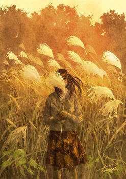 1girl absurdres artist_name black_hair brown_skirt cardigan commentary_request covering_face evening feet_out_of_frame field goke_shike_(altamira05) grass grey_cardigan highres long_sleeves medium_hair nature original outdoors pleated_skirt shirt skirt solo standing susuki_grass tall_grass variant_set warm_colored white_shirt