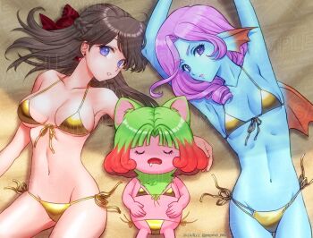 Rule 34 | 2025, 3girls, animal ears, arms up, back fin, bikini, blue eyes, blue skin, bob cut, bow, braid, breasts, brown hair, closed eyes, colored skin, commentary request, cowboy shot, curly hair, dated, dragon quest, dragon quest x, drooling, earrings, fins, fish girl, flat chest, gold bikini, golden week, green fur, green hair, hair bow, hands on own stomach, head fins, heroine (dq10), hip bones, jewelry, large breasts, long hair, looking at viewer, looking to the side, lying, midriff, momo nei, multicolored hair, multiple girls, navel, on back, open mouth, parted lips, pink hair, pink lips, pink skin, puklipo, purple eyes, red bow, red hair, sample watermark, sand, short hair, side braid, sideboob, sleeping, small breasts, string bikini, swimsuit, twitter username, underboob, watermark, weddie (dq10)