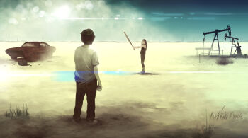 Rule 34 | 1boy, 1girl, bare shoulders, baseball, baseball bat, blurry, bokeh, brown hair, car, damaged, depth of field, desert, dodge (company), dodge challenger, dodge challenger (1st generation), lens flare, long hair, motor vehicle, muscle car, oil well, original, pumpjack, sand, shiira, short hair, socks, striped clothes, striped legwear, striped socks, sun, unused tire