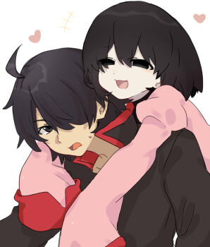 1boy 1girl :3 :d ahoge araragi_koyomi arms_around_neck black_eyes black_hair black_jacket black_shirt bob_cut commentary empty_eyes front-to-back gakuran glomp hair_between_eyes hair_over_one_eye heart highres hug hug_from_behind jacket juliet_sleeves long_sleeves looking_back monogatari_(series) naoetsu_high_school_uniform narrowed_eyes notice_lines open_mouth oshino_ougi pale_skin pink_shirt puffy_sleeves red_trim school_uniform shirt short_hair simple_background sleeves_past_fingers sleeves_past_wrists smile surprised sweatdrop tsugumi_(tgm_615486) turtleneck upper_body very_long_sleeves white_background