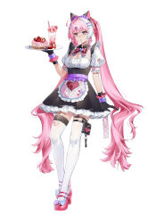 Rule 34 | 1girl, :o, absurdres, ahoge, animal ears, apron, arm cutout, arm support, black dress, black gloves, blue bow, bow, bowtie, breasts, cake, cat ears, center frills, cleavage, clothing cutout, cream, cup, detached collar, dress, drink, drinking glass, fake animal ears, food, footwear bow, frilled apron, frilled dress, frills, fruit, full body, garter straps, gloves, hair bow, hair ornament, hand up, heart apron, heart cutout, high heels, highres, holding, holding plate, invisible table, kelezi, leaning, long hair, looking ahead, maid, medium breasts, multicolored hair, original, pink apron, pink bow, pink bowtie, pink eyes, pink footwear, pink hair, plaid, plaid apron, plate, pocky, pouch, puffy short sleeves, puffy sleeves, purple bow, purple wrist cuffs, short dress, short sleeves, solo, split-color hair, standing, star (symbol), star hair ornament, strawberry, strawberry cake, tachi-e, thigh cutout, thigh pouch, thighhighs, twintails, very long hair, waist apron, white background, white hair, white thighhighs, wrist cuffs, zettai ryouiki