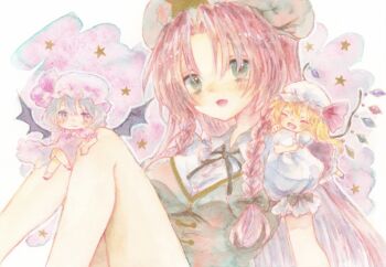 3girls alternate_size bat_wings black_ribbon blonde_hair blue_hair braid breasts closed_eyes commentary_request crossed_legs crystal crystal_wings flandre_scarlet green_eyes green_hat green_vest hat hat_ornament hat_ribbon hong_meiling lily_k_oekaki looking_at_viewer mini_person minigirl mob_cap multicolored_wings multiple_girls neck_ribbon one_side_up open_mouth painting_(medium) pink_hat puffy_short_sleeves puffy_sleeves red_eyes red_hair remilia_scarlet ribbon short_sleeves siblings sisters smile star_(symbol) star_hat_ornament touhou traditional_media twin_braids vest watercolor_(medium) white_hat wings