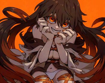 Rule 34 | 1girl, amo empool, bow, breasts, brown hair, cleavage, corset piercing, eyeshadow, gachiakuta, hands up, long hair, looking at viewer, makeup, multicolored hair, nail polish, open mouth, orange background, orange bow, orange eyes, orange eyeshadow, orange hair, orange nails, panties, simple background, smile, solo, streaked hair, teo (teorekka), underwear, white panties