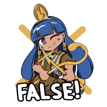 1girl avian_zebra blue_eyes blue_hair blunt_bangs brown_shirt brown_shorts closed_mouth clothes_writing collared_shirt commentary earrings english_commentary facial_mark hair_ornament highres holding jewelry key_earrings long_hair looking_at_viewer michigami_nareko one_eye_closed shirt short_sleeves shorts solo touhou triangle triangle_facial_mark