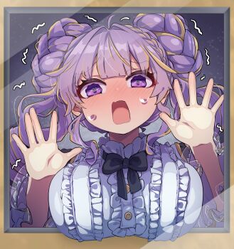 1girl absurdres against_glass blonde_hair blush border breasts brown_border c_civciv double_bun drill_hair duel_monster hair_bun highres large_breasts multicolored_hair purple_eyes purple_hair selettrice_vaalmonica shirt solo tears twin_drills two-tone_hair upper_body white_shirt yu-gi-oh!