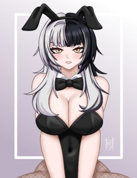 Rule 34 | 1girl, absurdres, alternate costume, animal ear hairband, animal ears, bare shoulders, black bow, black bowtie, black choker, black hair, black leotard, bow, bowtie, breasts, choker, cleavage, commentary, covered navel, detached collar, fake animal ears, fishnet pantyhose, fishnets, grey hair, hairband, highleg, highleg leotard, highres, hololive, hololive english, large breasts, leotard, long hair, looking at viewer, majin gabuu, multicolored hair, pantyhose, playboy bunny, rabbit ear hairband, rabbit ears, rabbit tail, shiori novella, simple background, solo, split-color hair, strapless, strapless leotard, symbol-only commentary, tail, two-tone hair, virtual youtuber, yellow eyes