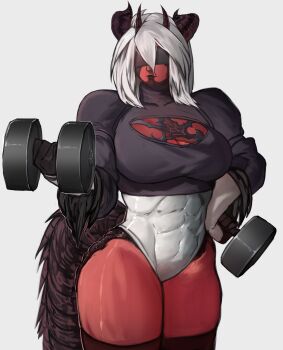 1girl 2b_(nier:automata) 2b_(nier:automata)_(cosplay) absurdres atta_(warrior_atta) black_gloves black_leotard black_scales black_thighhighs blindfold breasts cleavage cleavage_cutout closed_mouth clothing_cutout colored_skin commentary commission cosplay covered_abs covered_eyes cowboy_shot dragon_girl dragon_horns dragon_tail dumbbell exercising gelldraws gloves grey_background hair_between_eyes highres holding holding_dumbbell horns impossible_clothes impossible_leotard large_breasts leotard medium_hair multiple_horns muscular muscular_female nier:automata nier_(series) original red_skin simple_background solo tail thighhighs weightlifting white_hair white_leotard