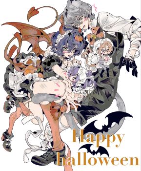 2boys 2girls animal_ear_fluff animal_ears bare_shoulders bat_(animal) bell bell_bow belle_(zenless_zone_zero) black_boots black_dress black_gloves black_pants black_vest blonde_hair blue_hair blush boots bow bowtie candy cat_ears cat_tail chibi chocolate chocolate_bar commentary demon_horns demon_tail demon_wings dress eating fang food food-themed_hair_ornament footwear_bow gloves green_eyes grey_eyes grey_hair hair_between_eyes hair_ornament halloween halloween_costume happy_halloween heart heterochromia highres holding holding_chocolate holding_food horns horns_through_headwear hugo_vlad jingle_bell long_hair looking_at_another looking_at_viewer multiple_boys multiple_girls open_mouth orange_bow orange_bowtie orange_socks pants pumpkin pumpkin_hair_ornament purple_hair red_eyes red_horns red_nails red_tail red_wings ribbon sharp_tail shirt short_hair simple_background sleeves_rolled_up socks symbol-only_commentary tail vest vivian_banshee white_background white_bow white_ribbon white_shirt wings wise_(zenless_zone_zero) xjgfhvg zenless_zone_zero