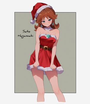 1girl bare_shoulders belt blue_eyes blush breasts brown_belt brown_hair christmas closed_mouth detached_collar dress earrings fur-trimmed_dress fur-trimmed_headwear fur_trim hat highres jewelry long_hair looking_at_viewer mario_(series) medium_breasts nintendo princess_daisy red_dress red_hat santa_costume santa_dress santa_hat sato_hagamaki solo strapless strapless_dress