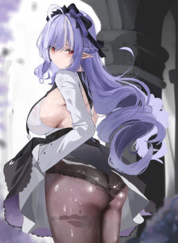 1girl absurdres ahoge alternate_breast_size_(larger) ass black_panties bow breasts brown_pantyhose closed_mouth commentary_request cowboy_shot drill_hair from_behind hairband highres large_breasts long_hair looking_at_viewer looking_back meaowtakhe mole mole_under_eye paid_reward_available panties pantyhose pointy_ears purple_bow purple_hair purple_hairband red_eyes shrug_(clothing) sideboob solo sweat underwear vivian_banshee white_shrug zenless_zone_zero